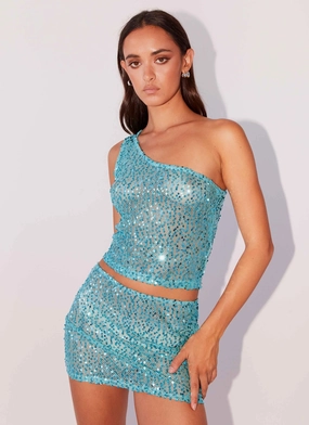 Smooth Seam Transition Neon Nights Sequin One Shoulder Top - Crystal