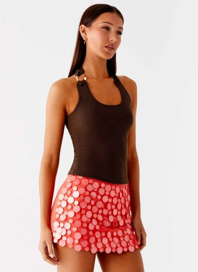 Nera Halter Top - Chocolate Ribbed Hemline Stretch Comfort