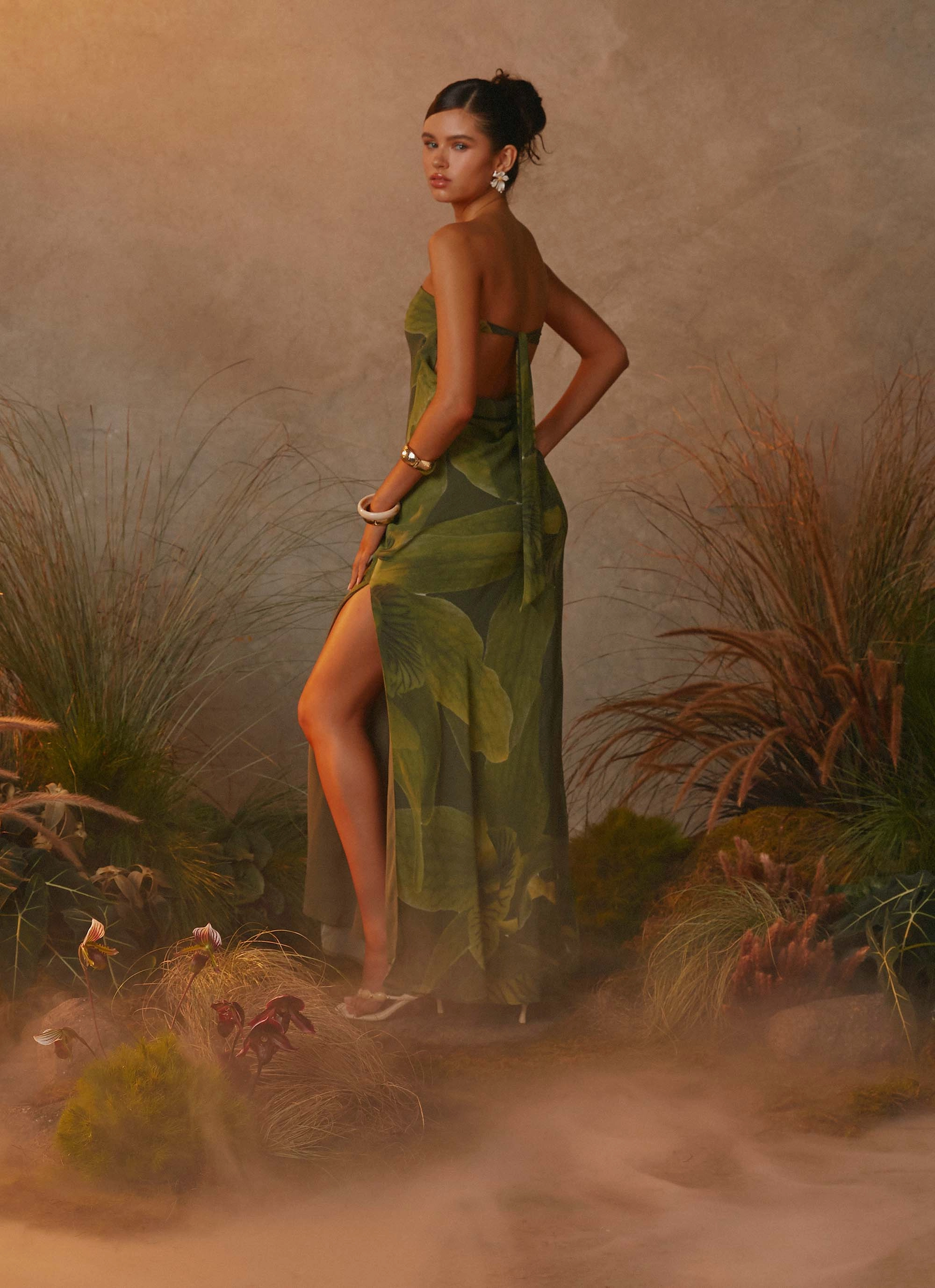 Fall Tone Cold-Shoulder Nettle Maxi Dress - Tropic Floral