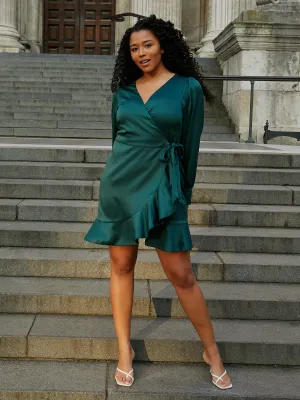 Bobbi Wrap Satin Mini Dress / Forest Green Delicate Mood Sheer Element