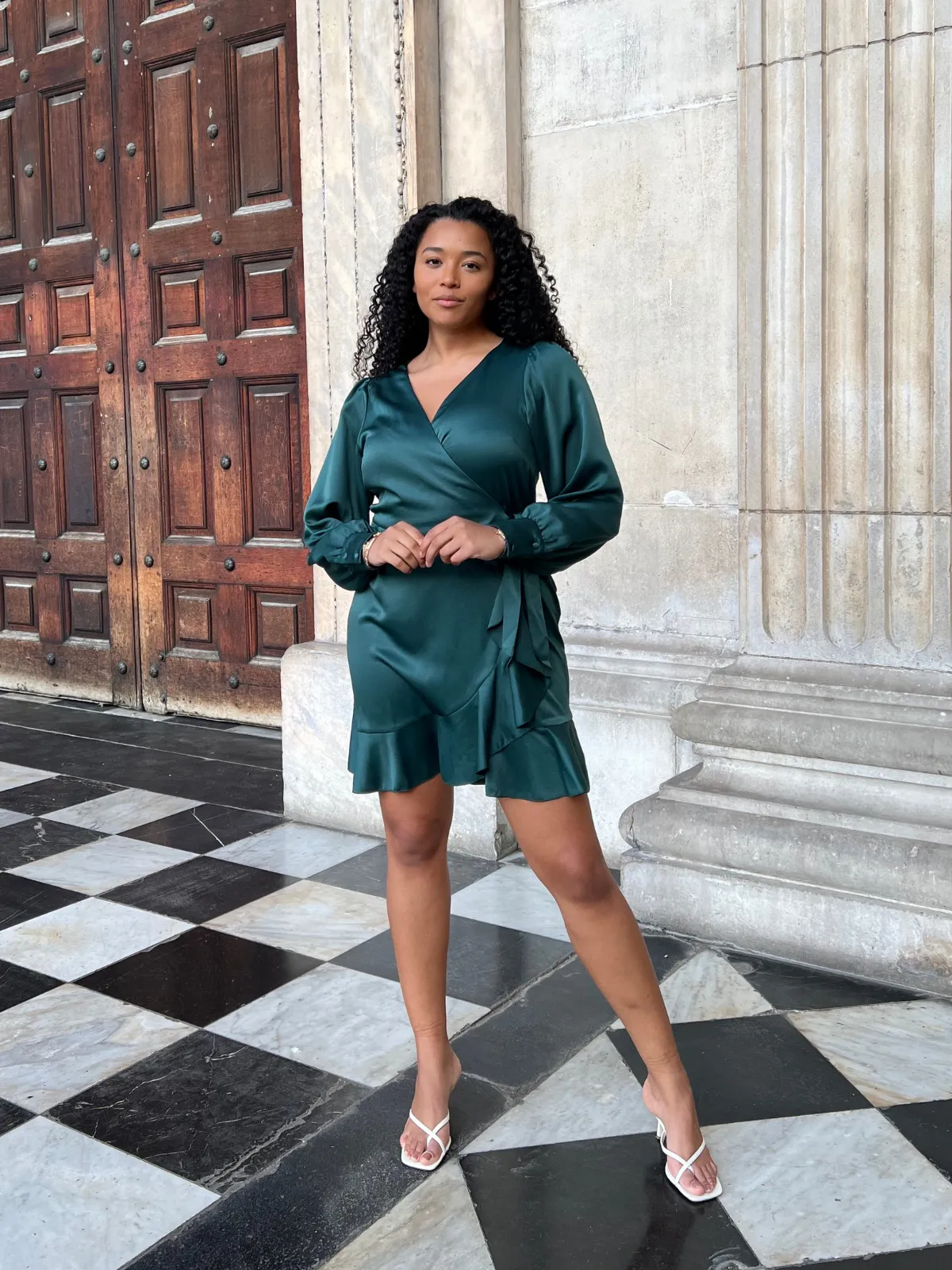 Relaxed-fit Bobbi Wrap Satin Mini Dress / Forest Green