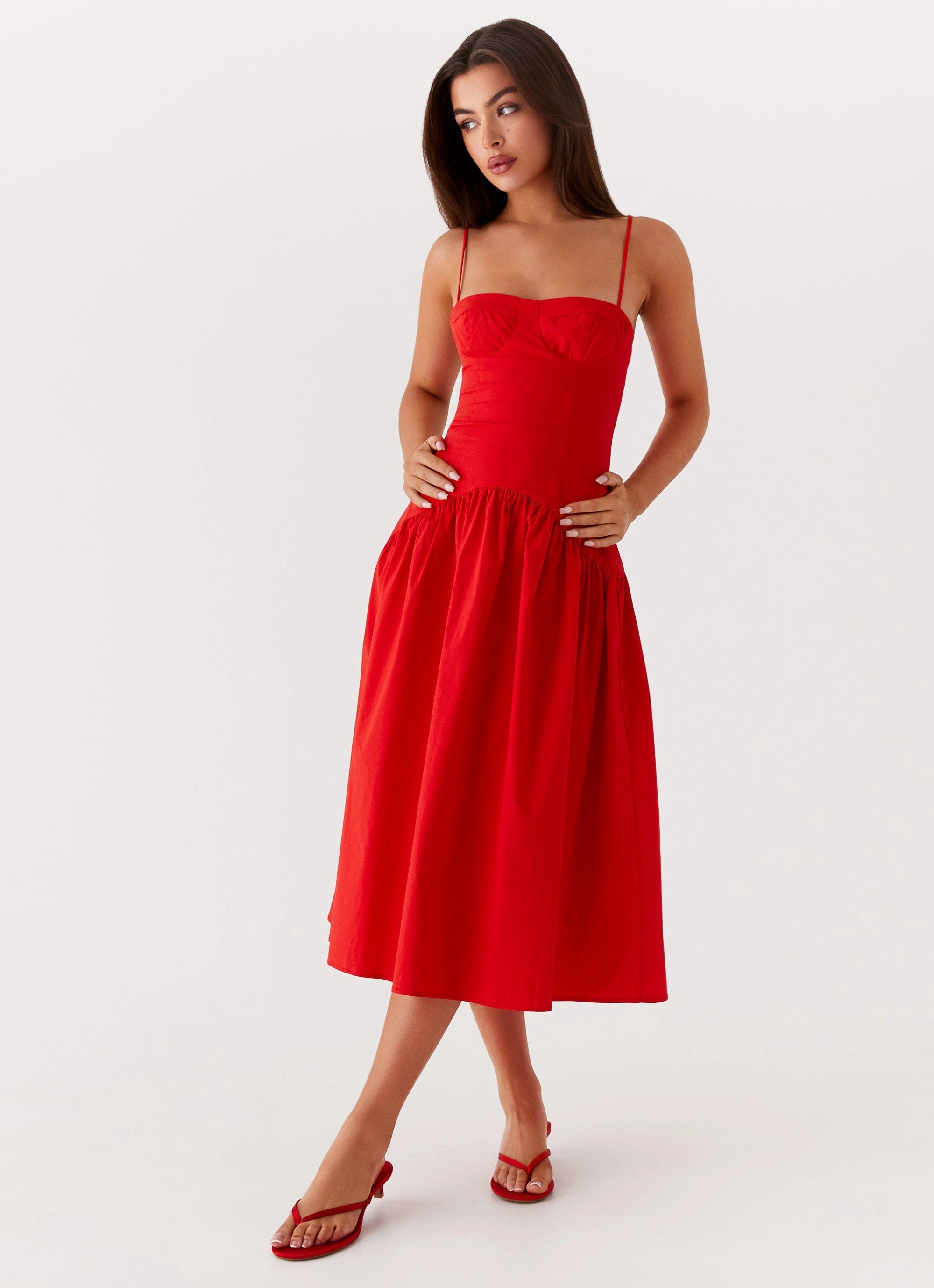 Cool Draping Adjustable Straps Yvette Corset Midi Dress - Red