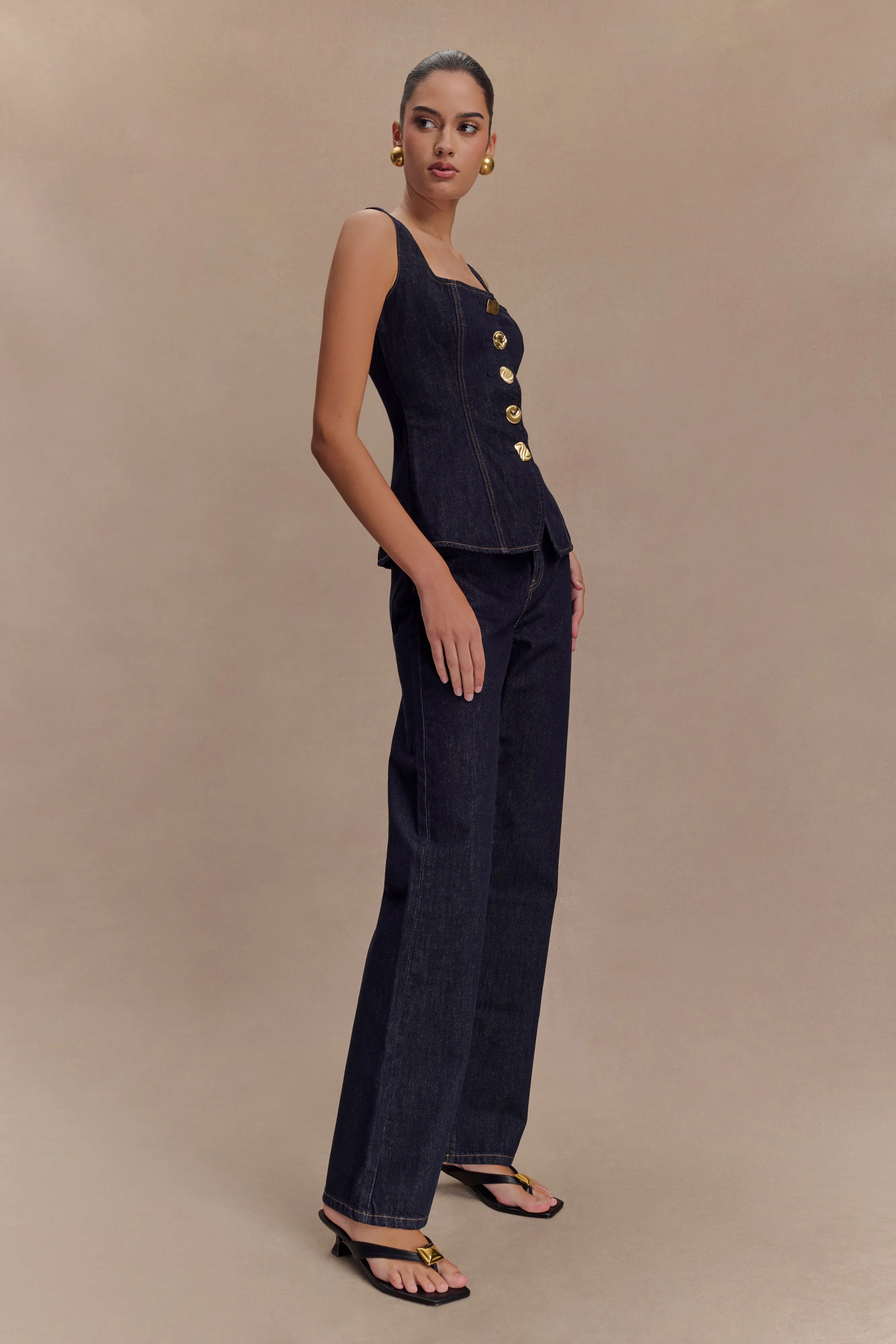 Neve Sleeveless Buttoned Denim Top - Washed Indigo Blue