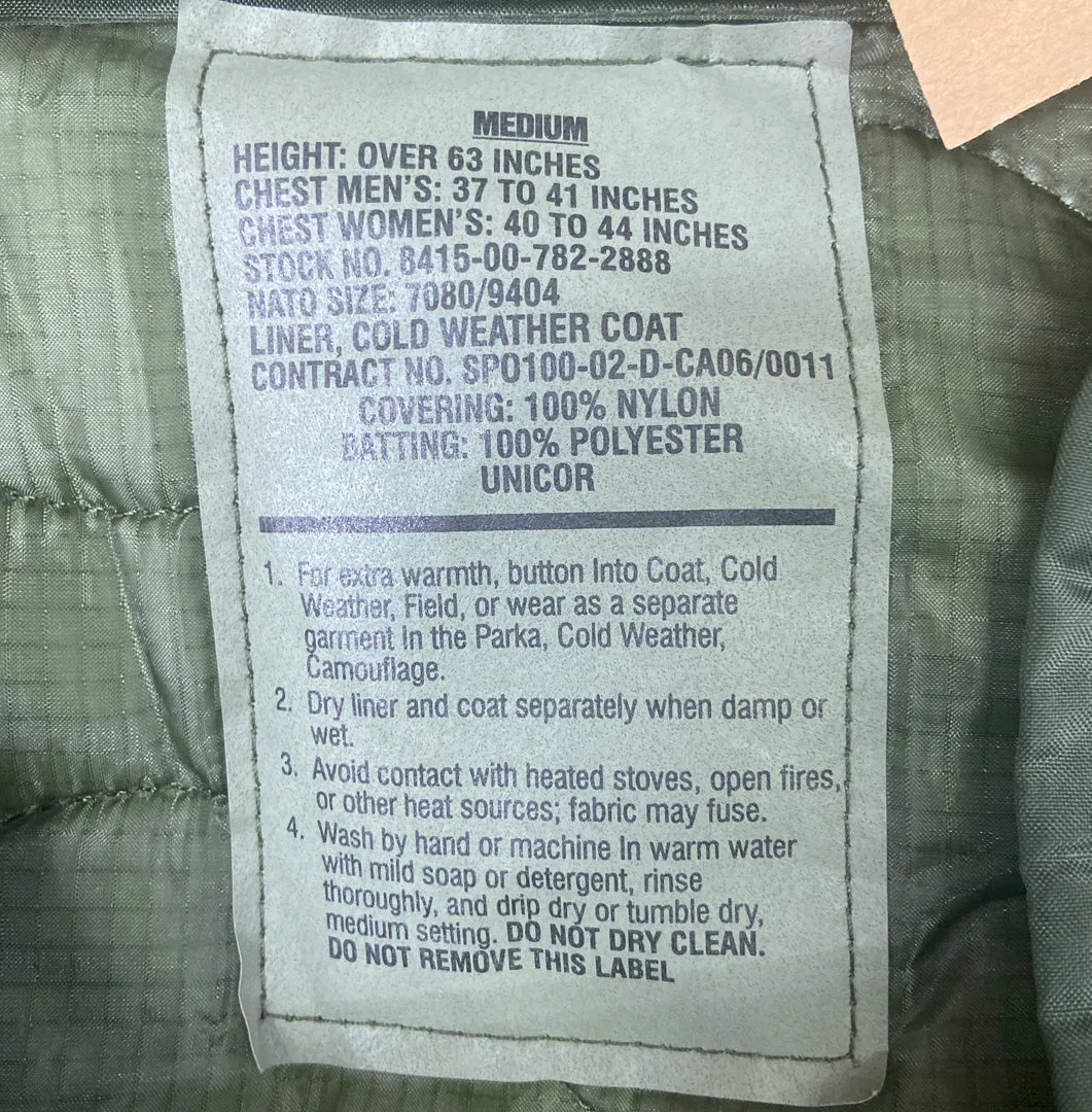 New Military Issue M-65 Field Jacket Liner - OD (Medium Only)