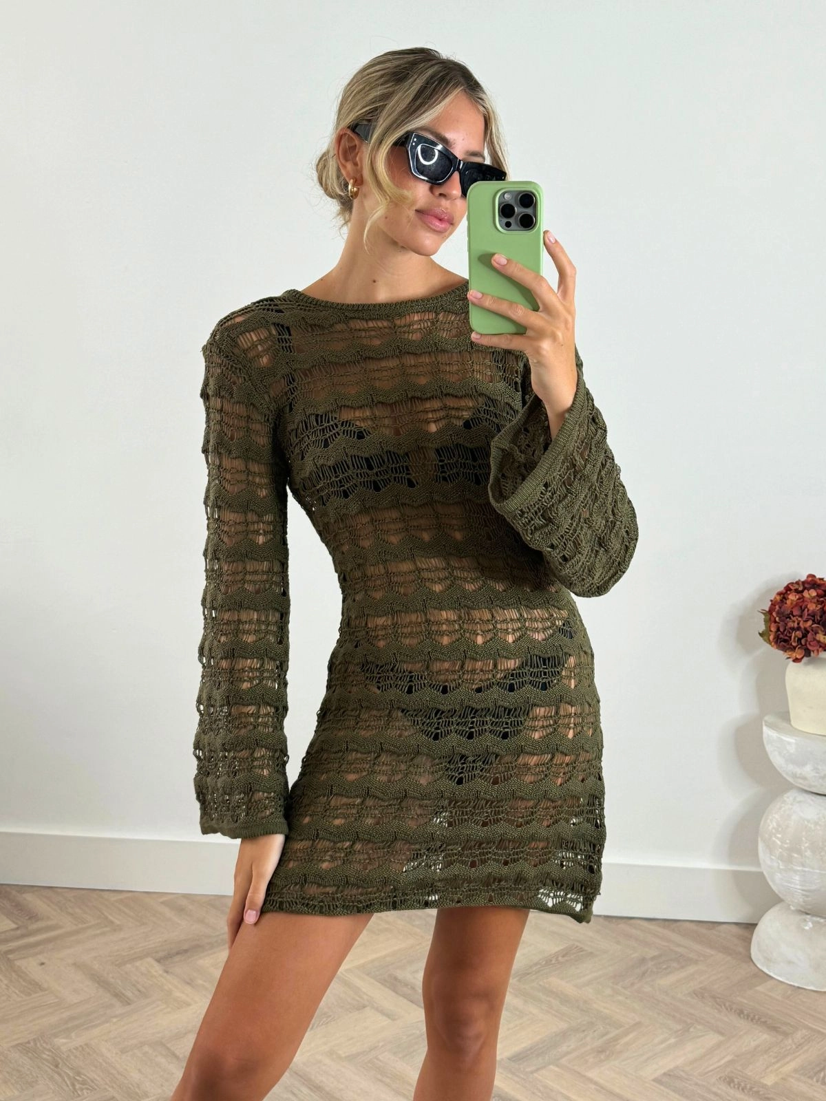Modern Layering Minimal Motion NEW FIT Ocean Long Sleeve Lace Back Mini dress / Khaki