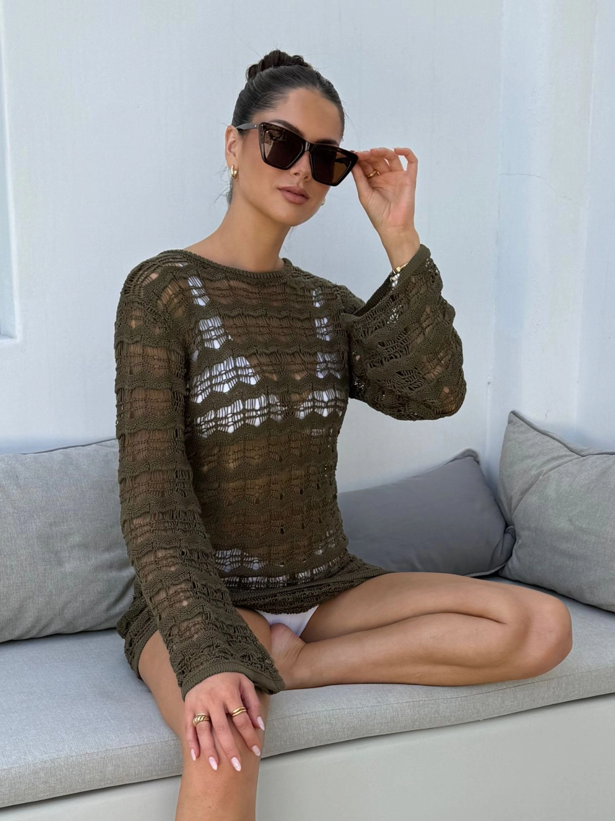 NEW FIT Ocean Long Sleeve Lace Back Mini dress / Khaki Urban Classic Texture Edge