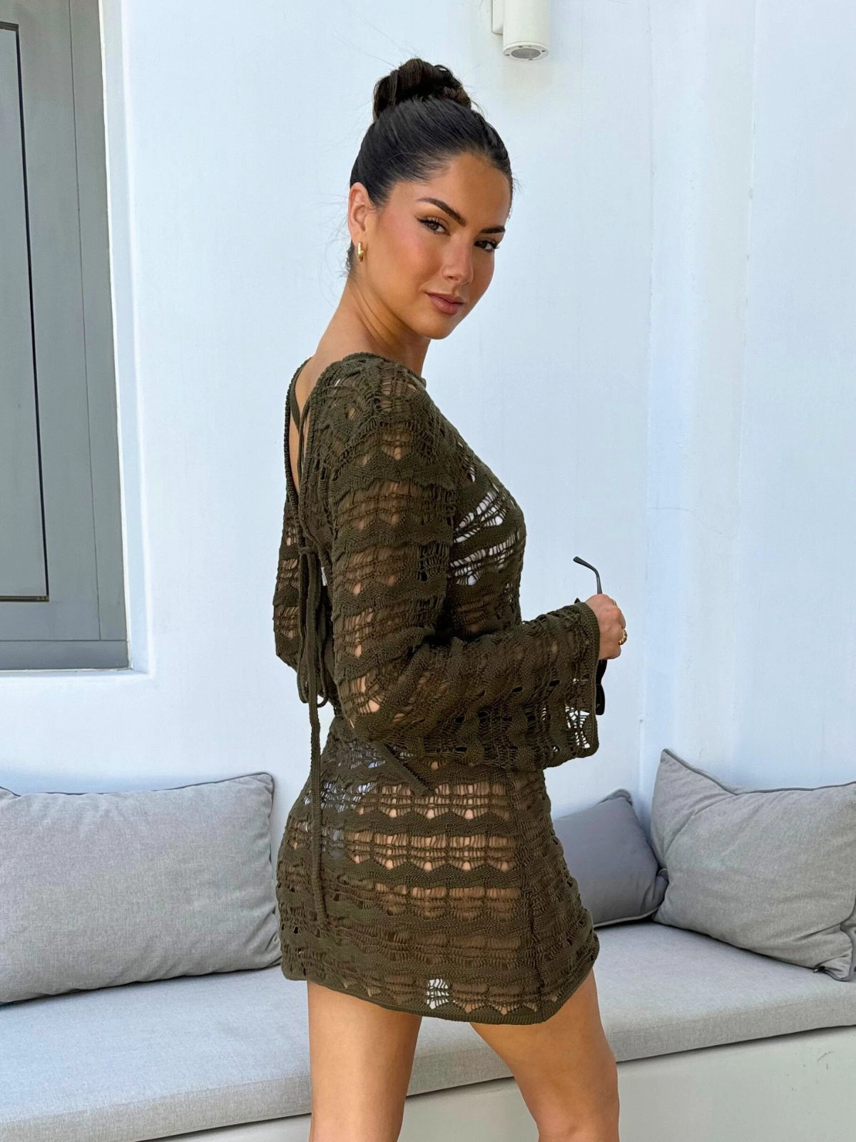 NEW FIT Ocean Long Sleeve Lace Back Mini dress / Khaki Classic Tailoring Travel piece