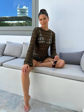 NEW FIT Ocean Long Sleeve Lace Back Mini dress / Khaki Flattering Style