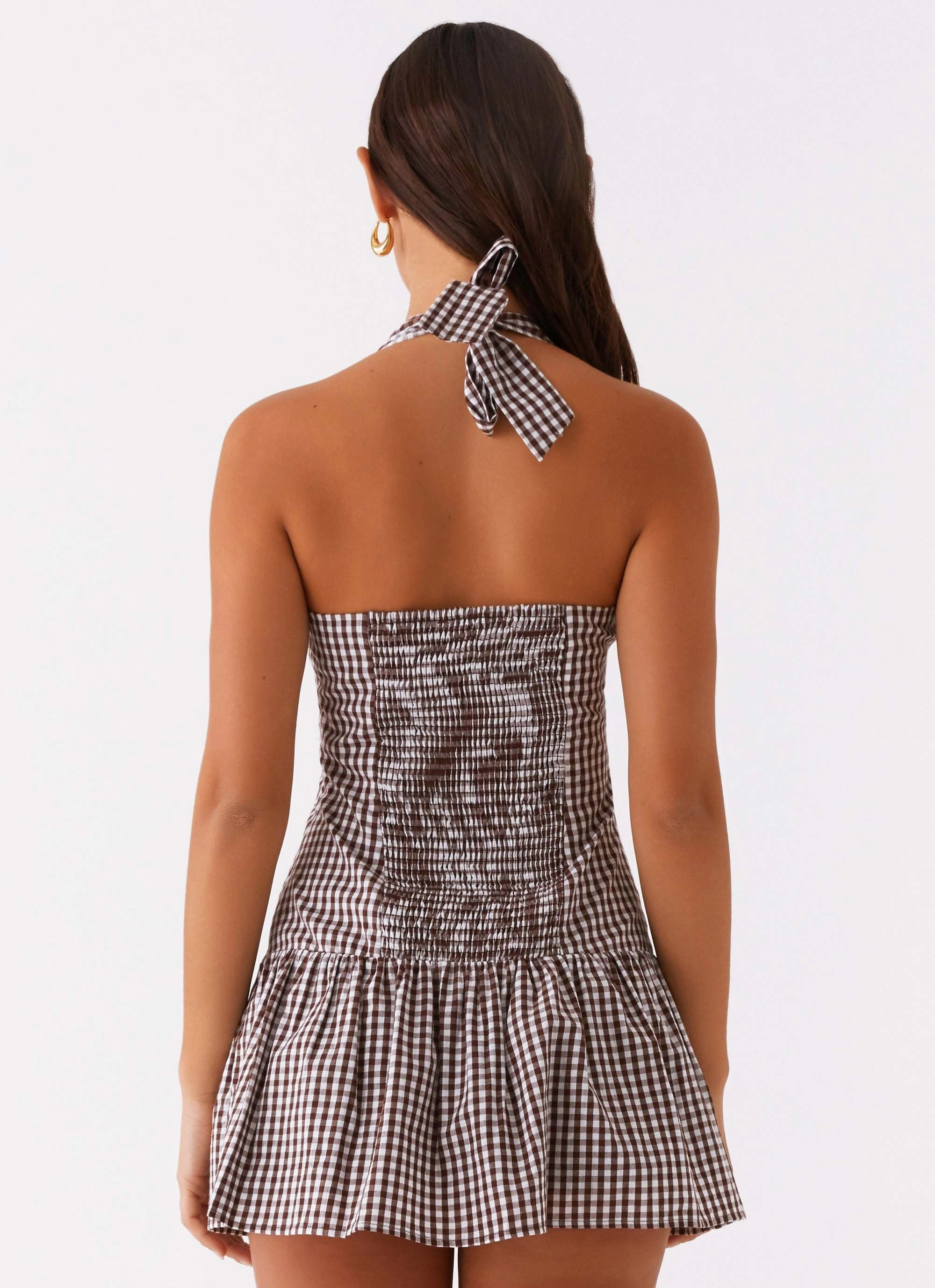 New Look Shirred Halter Mini Dress - Chocolate Gingham Perfect Waist Simple Comfort