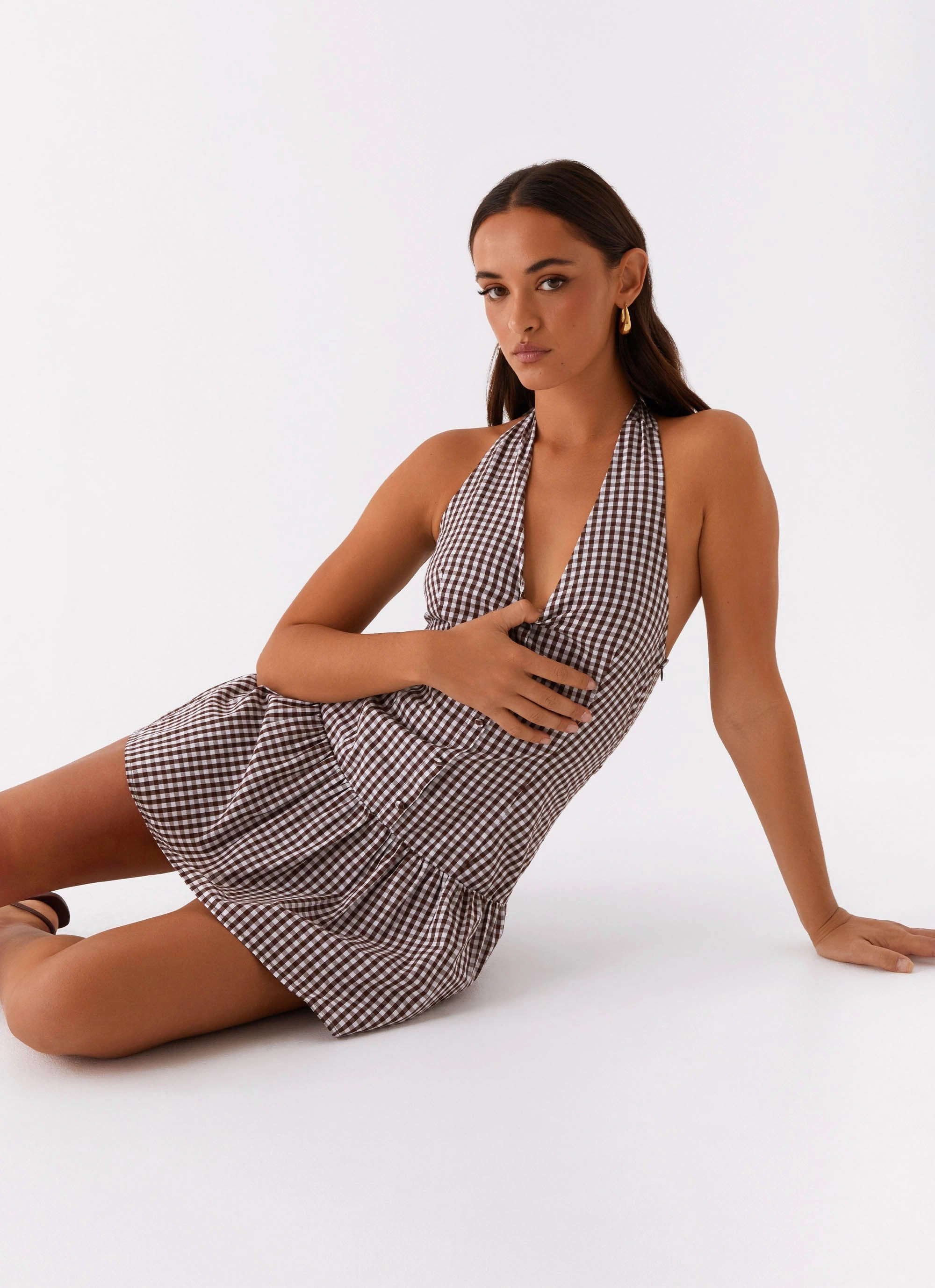 New Look Shirred Halter Mini Dress - Chocolate Gingham Soft Finish