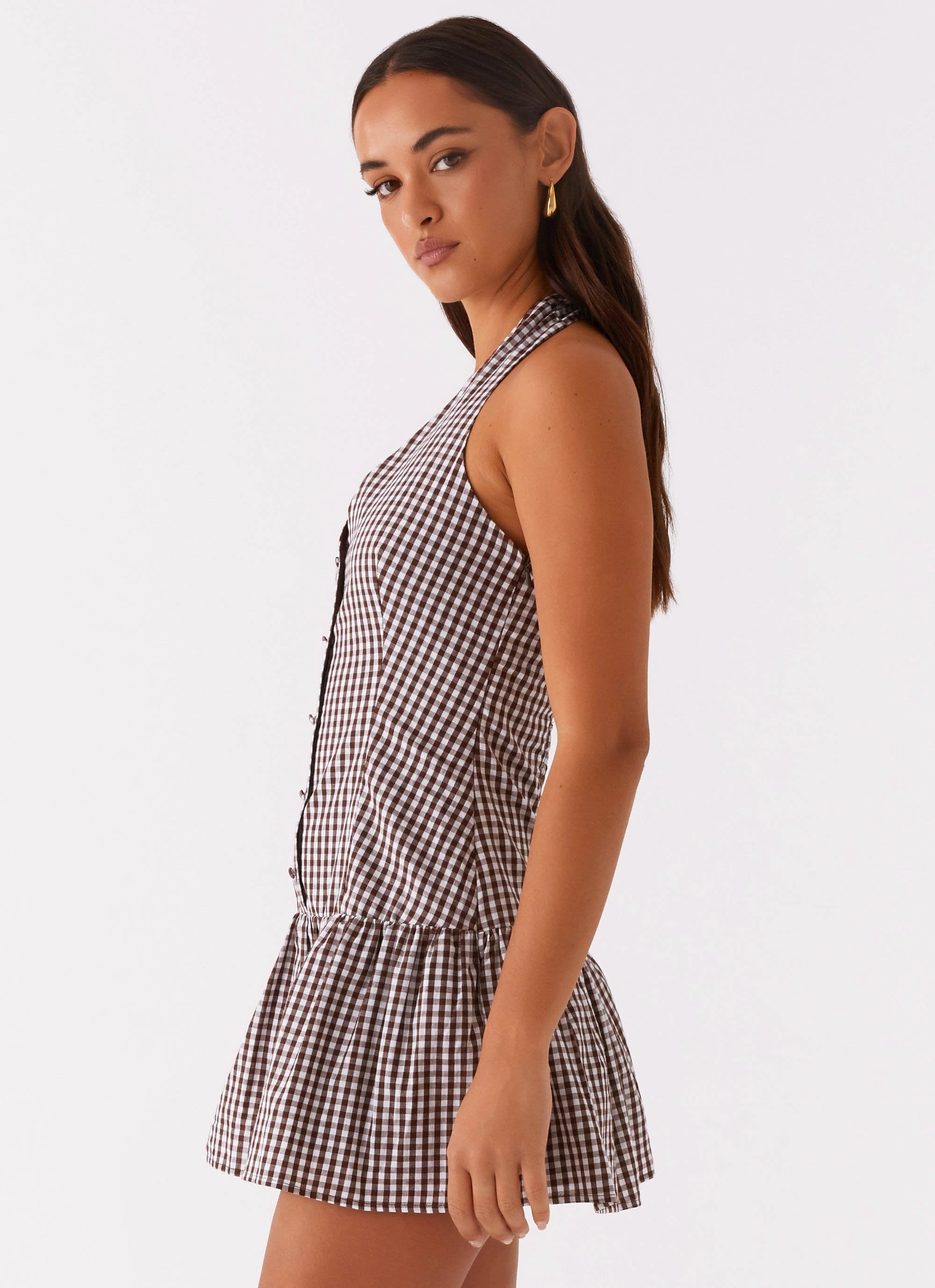 Bold Style New Look Shirred Halter Mini Dress - Chocolate Gingham