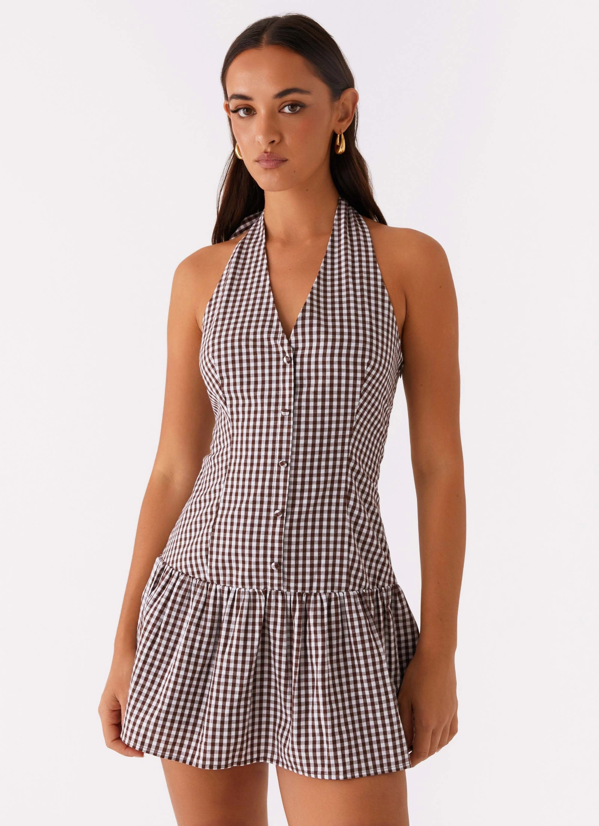 New Look Shirred Halter Mini Dress - Chocolate Gingham Minimal Motion Sweetheart-Neck