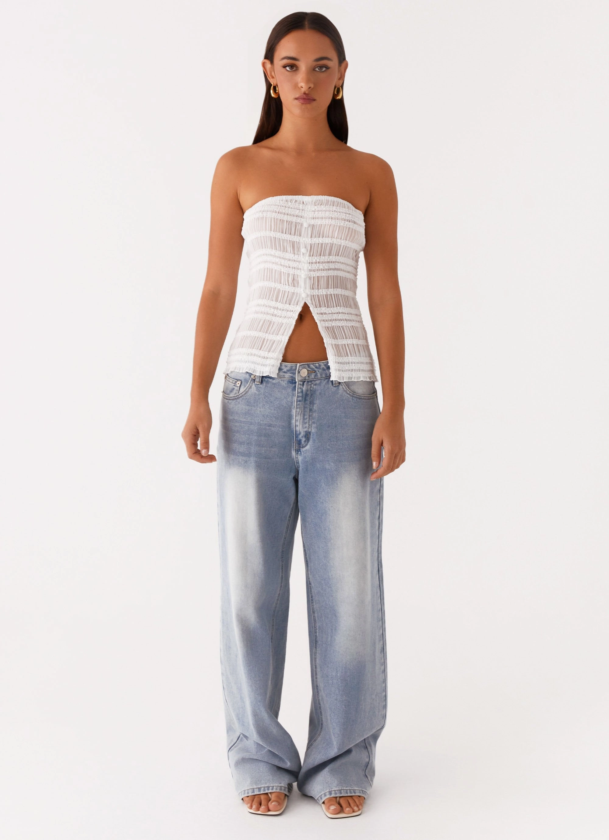 Minimalist Aesthetic Next Time Shirred Strapless Top - White