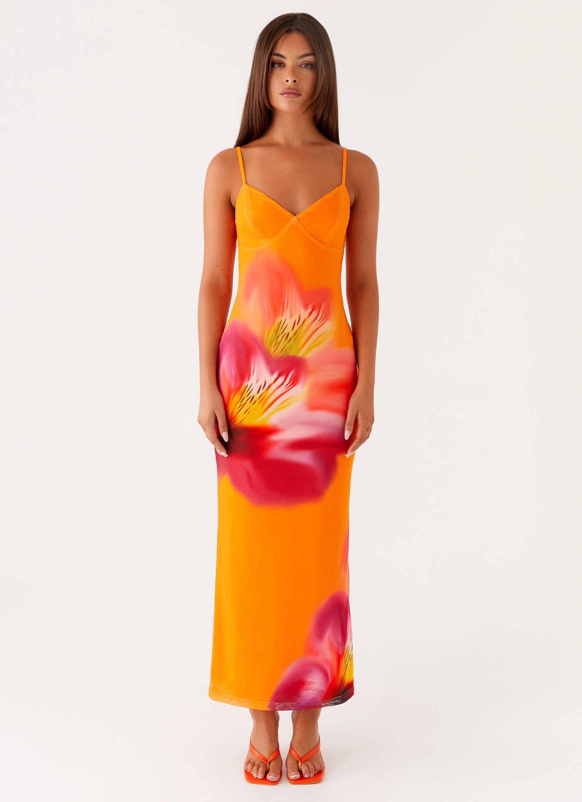 Sculpted Detail Kasey Midi Dress - Orange Tropical