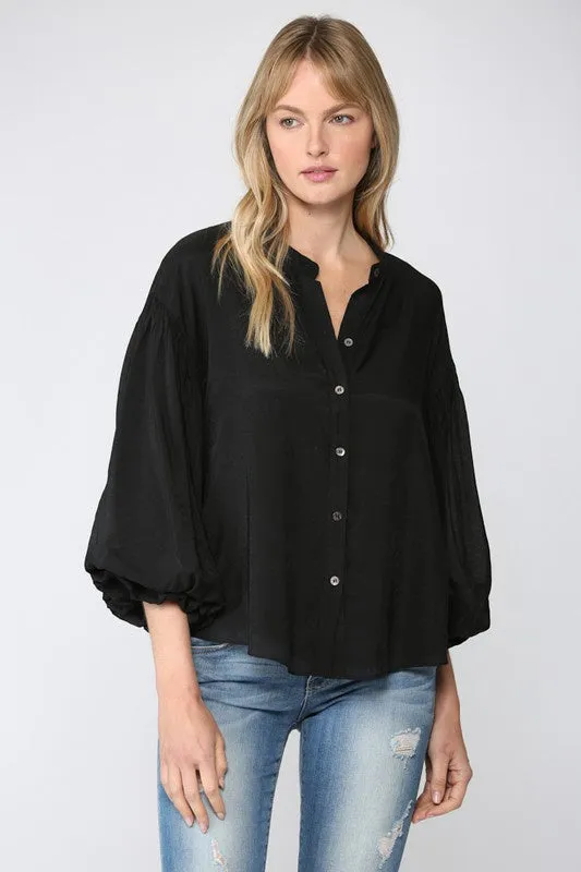 Nicely Done Blouse - Black Hidden Button Placket Slim Fit Design