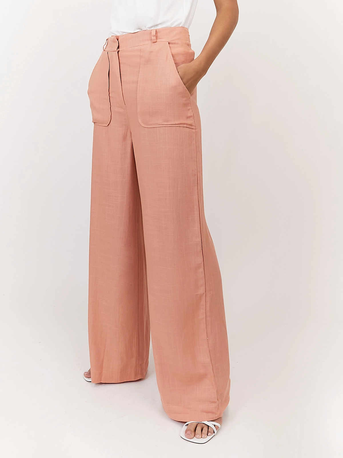 Nikki Peach High Waist Linen Blend Wide Leg Trousers Stretchable Fabric Chic Vibe