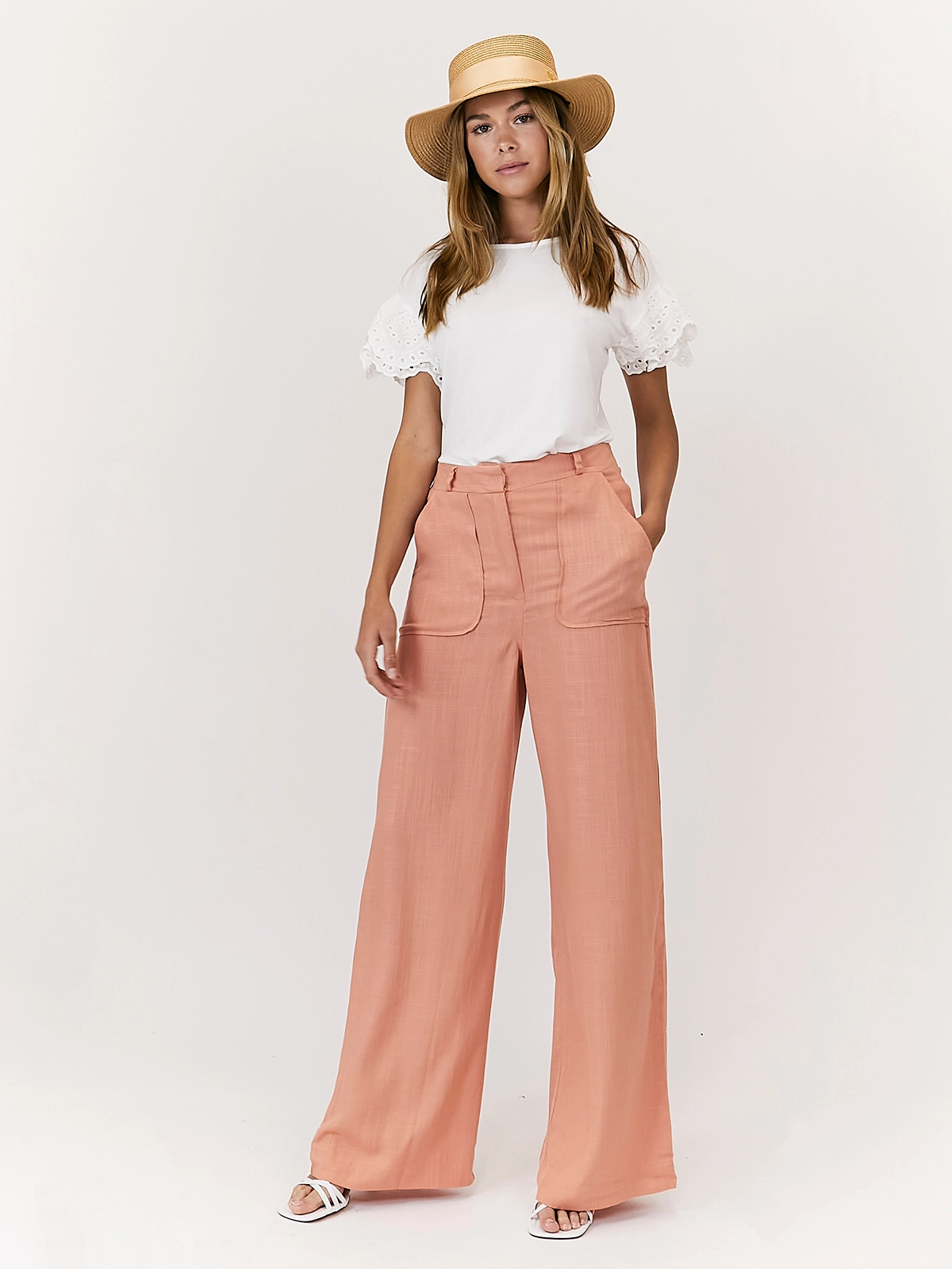 Core Stretch Nikki Peach High Waist Linen Blend Wide Leg Trousers