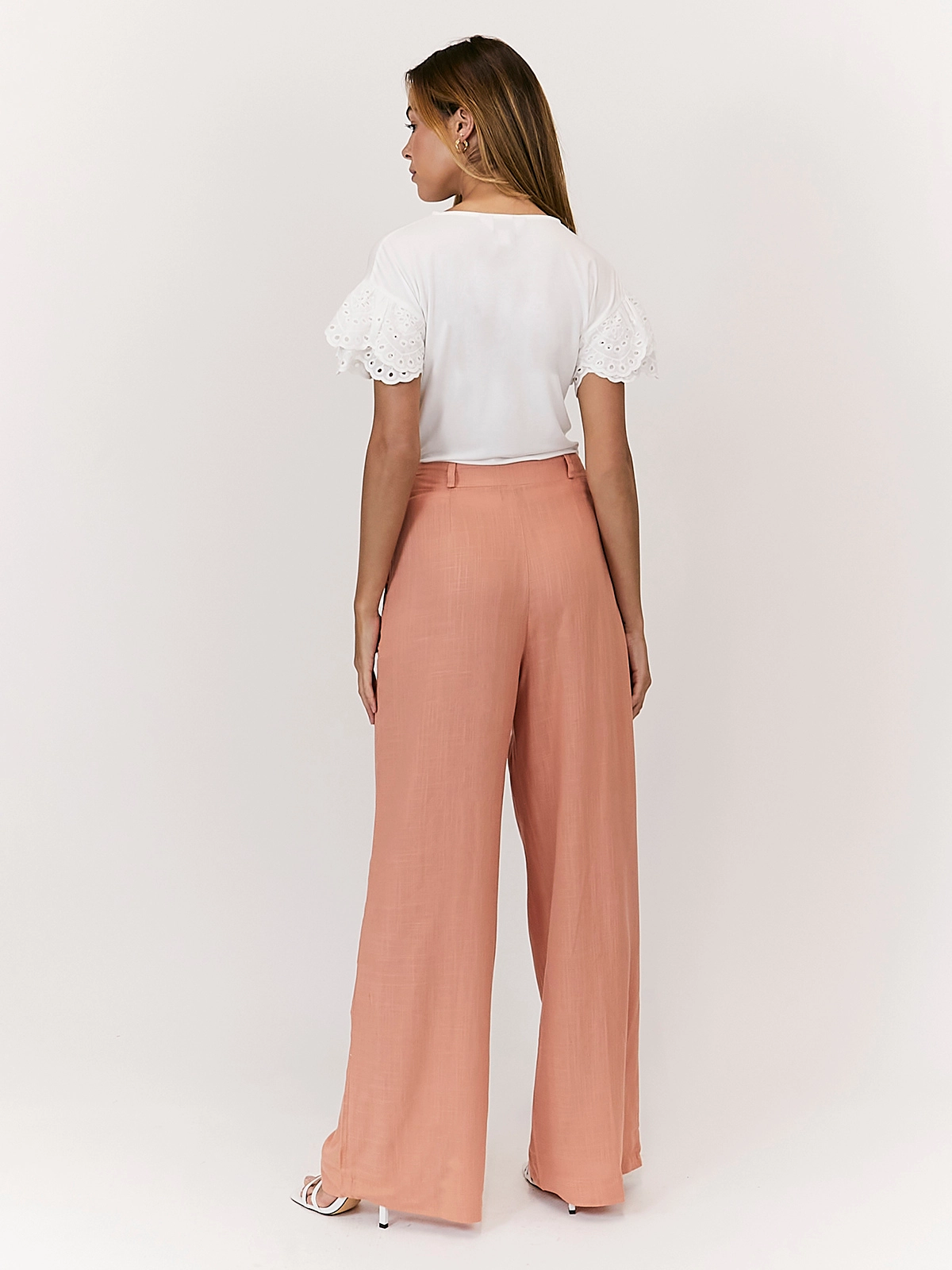 Nikki Peach High Waist Linen Blend Wide Leg Trousers Basic Stretch