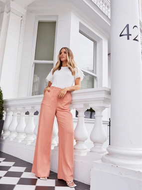 Quick Adjust Fit Casual Wearable Nikki Peach High Waist Linen Blend Wide Leg Trousers