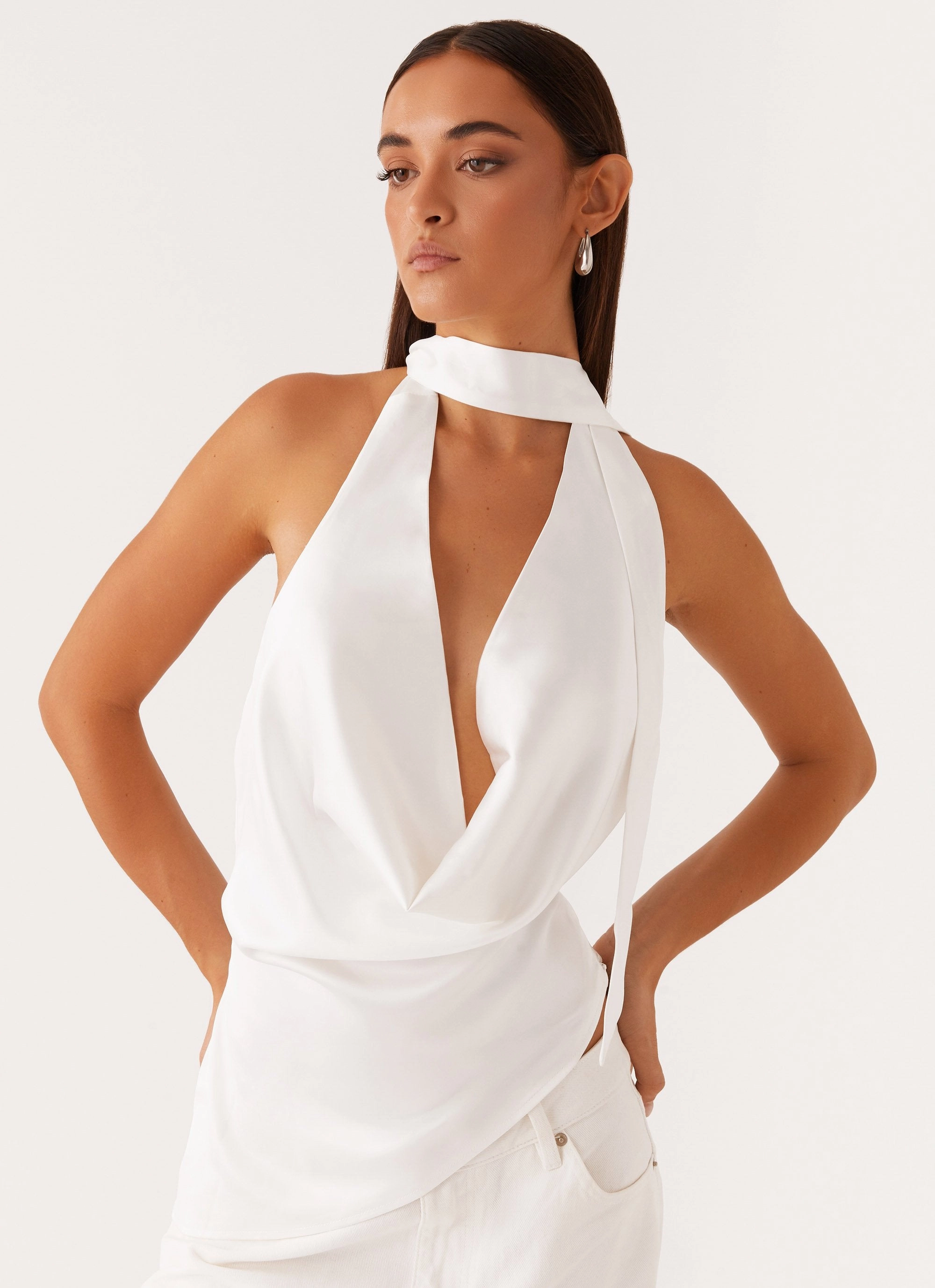 Stretch Weave Construction Nina Halterneck Scarf Top - White