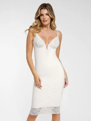 Shapewear Built-In Sculpting Lace Trim Midi Slip Dress Cozy Fit