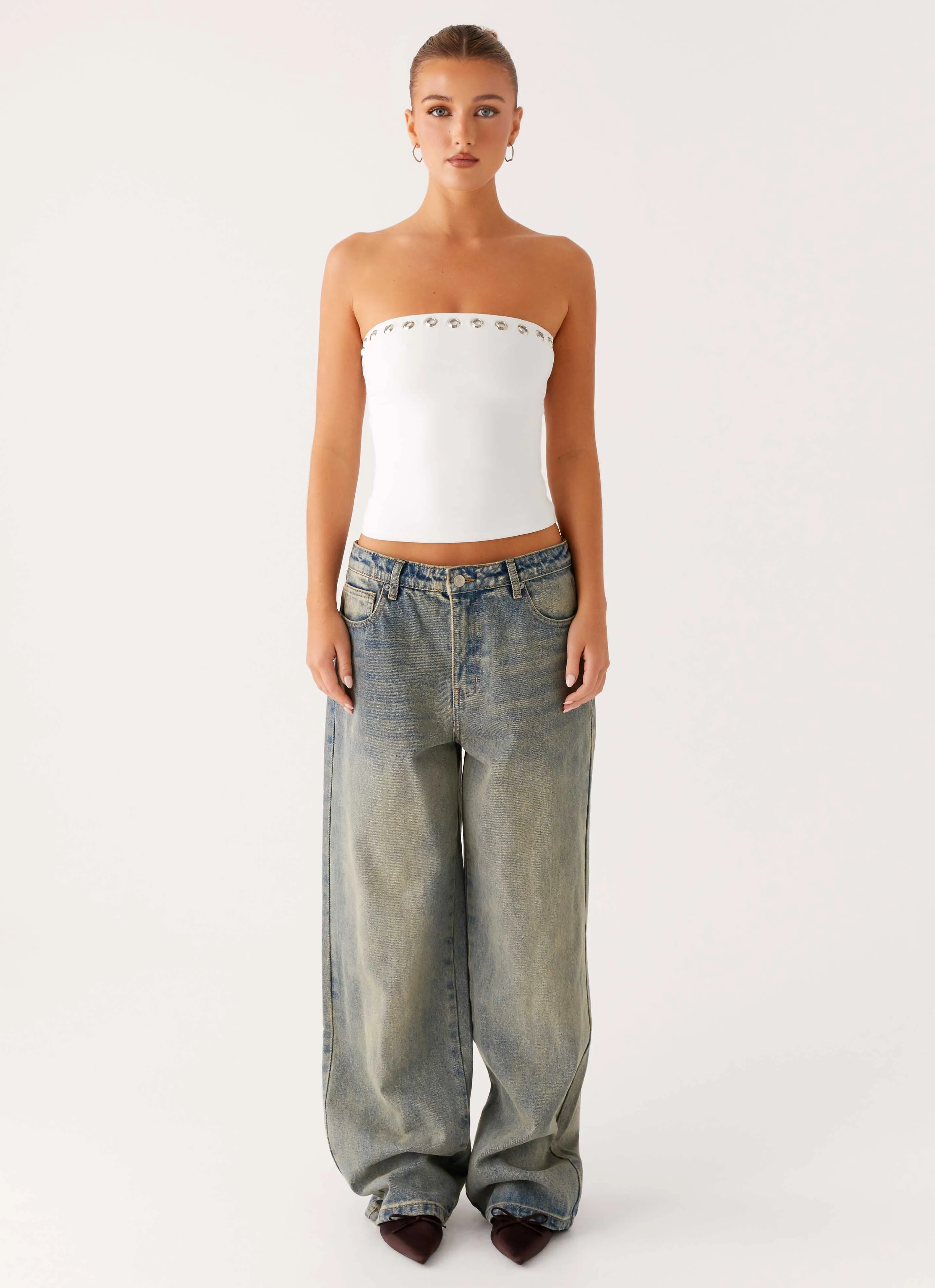 Miku Eyelet Strapless Top - White NonChafingEdges Thermal Regulation Fabric