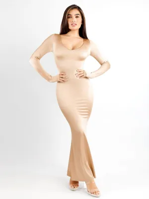 ReinforcedEdges HiddenZipper Shapewear Shine Long Sleeve Cut-Out Hourglass Maxi Dress