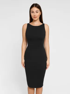 Shapewear Sleeveless Boatneck Sculpting Midi Work Dress Hidden Zipper