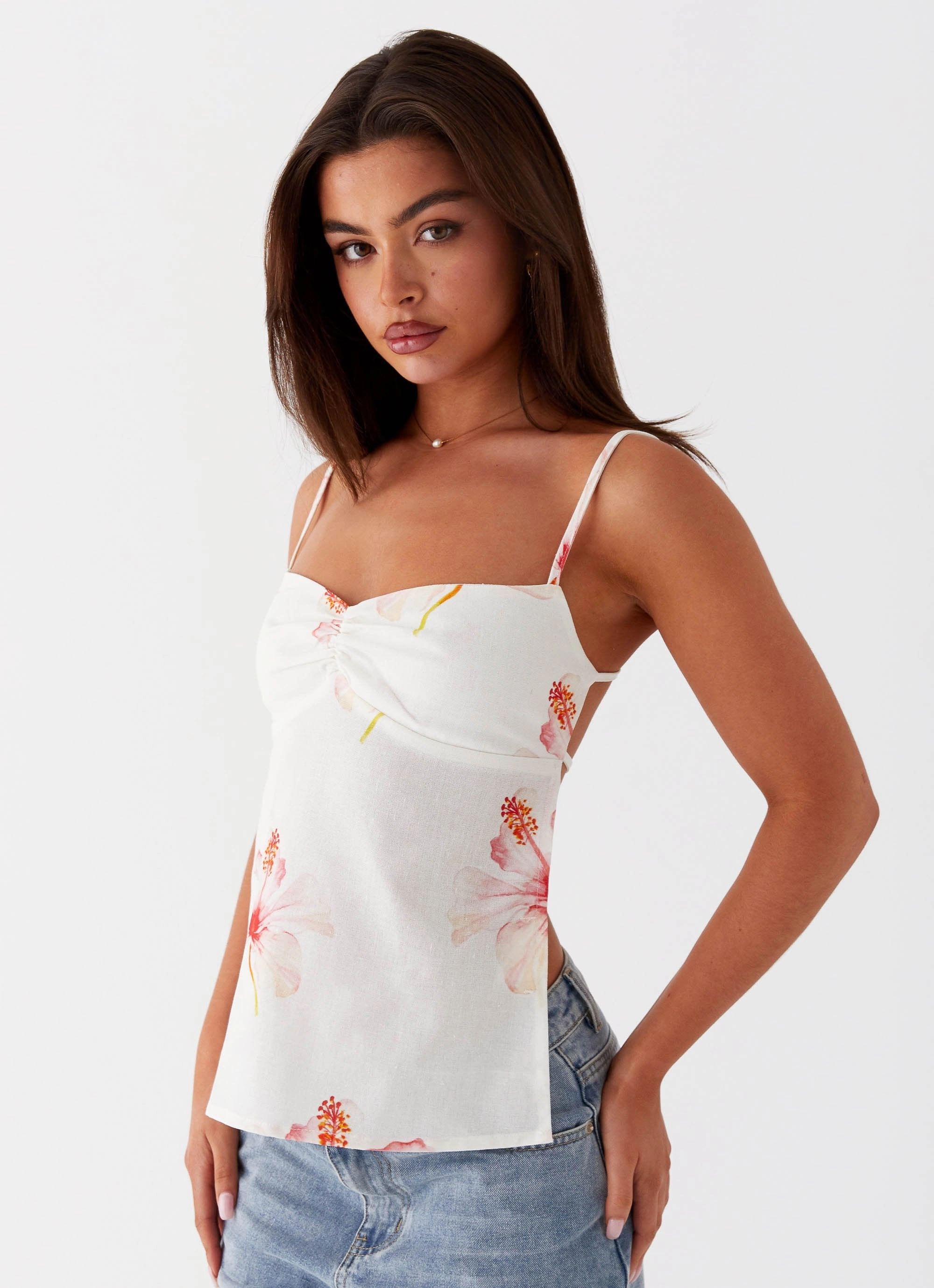 Rosy Linen Backless Top - Camellia Retro Style Layered Shoulder
