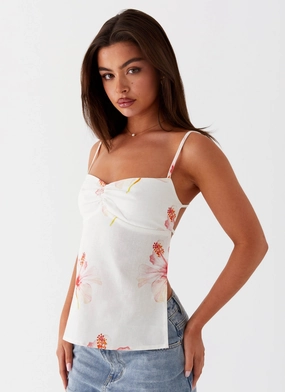 Rosy Linen Backless Top - Camellia Retro Style Layered Shoulder