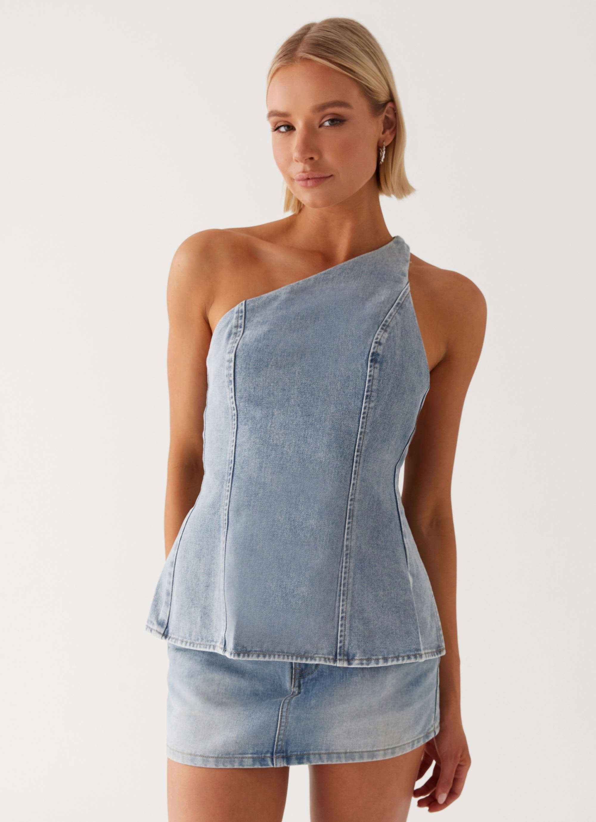 Maysa Denim Top - Blue TactileWeave Drop Shoulder Cut
