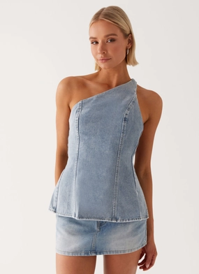 Maysa Denim Top - Blue TactileWeave Drop Shoulder Cut