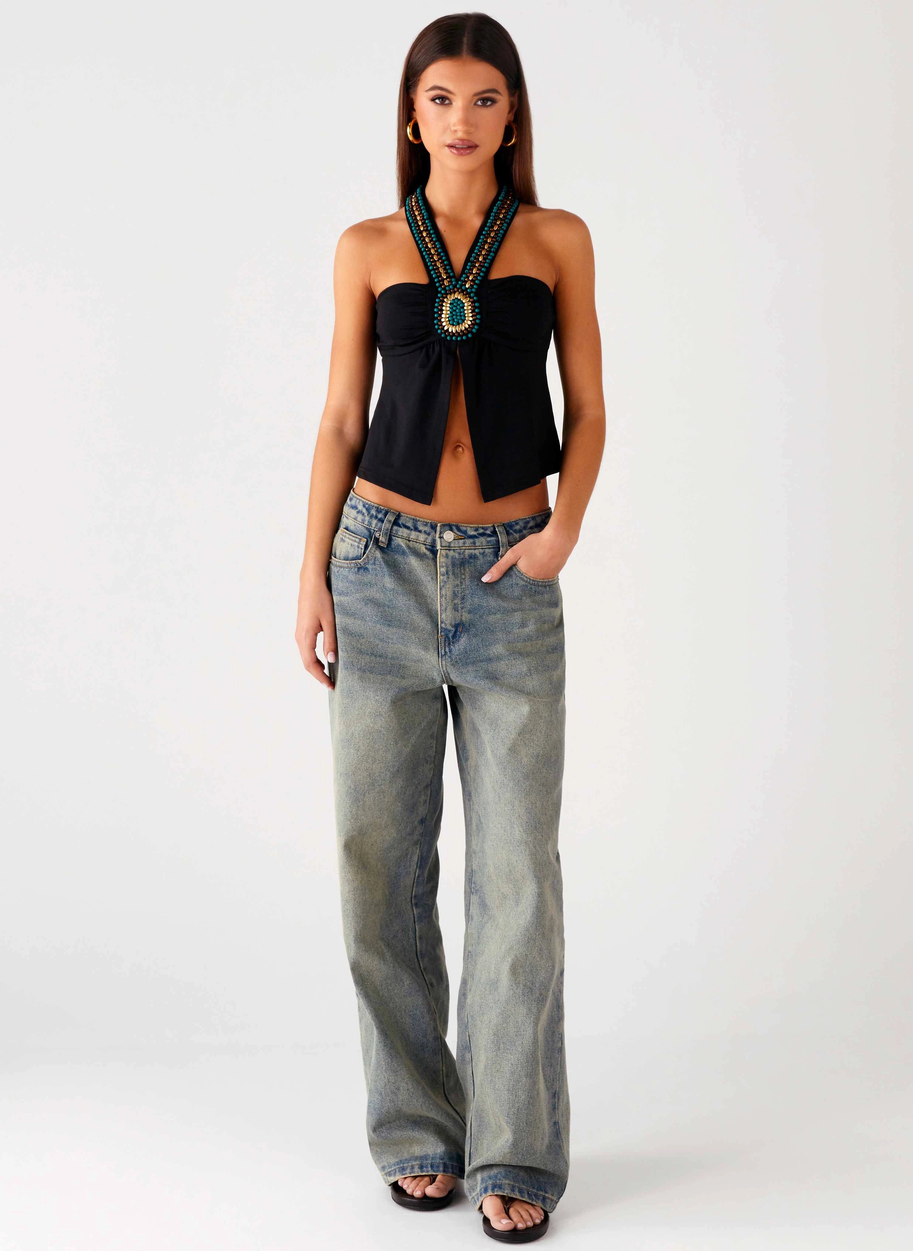 Multi Panel Construction Tactile Soft Texture Boheme Breeze Halter Top - Black