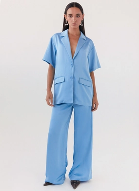 AbrasionResistant Surface Athletic Tailored Fit Brinkley Oversized Satin Shirt - Sky Blue