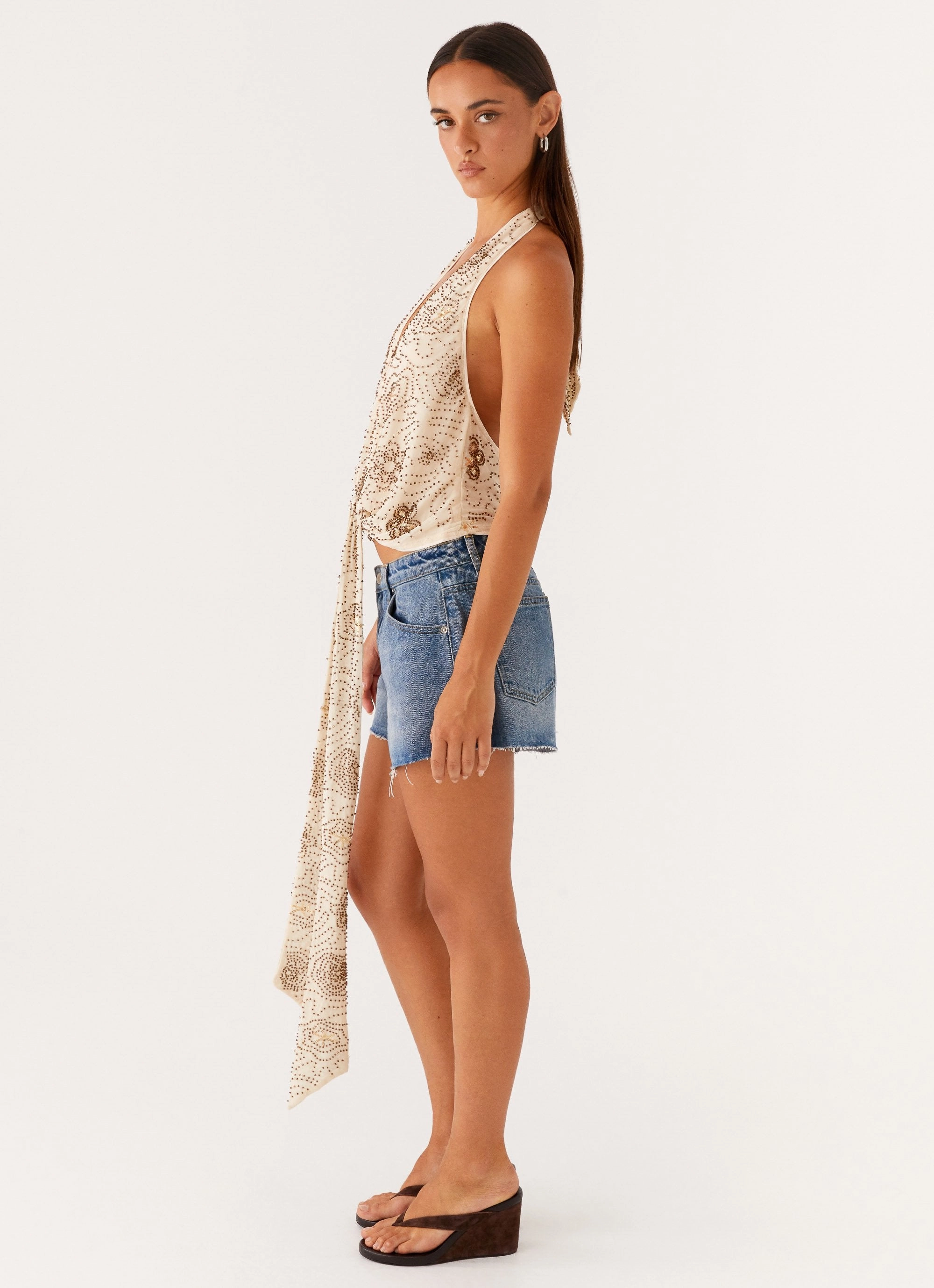 Neptune Halter Top - Light Beige Vintage Hoodie Adaptive Waistband