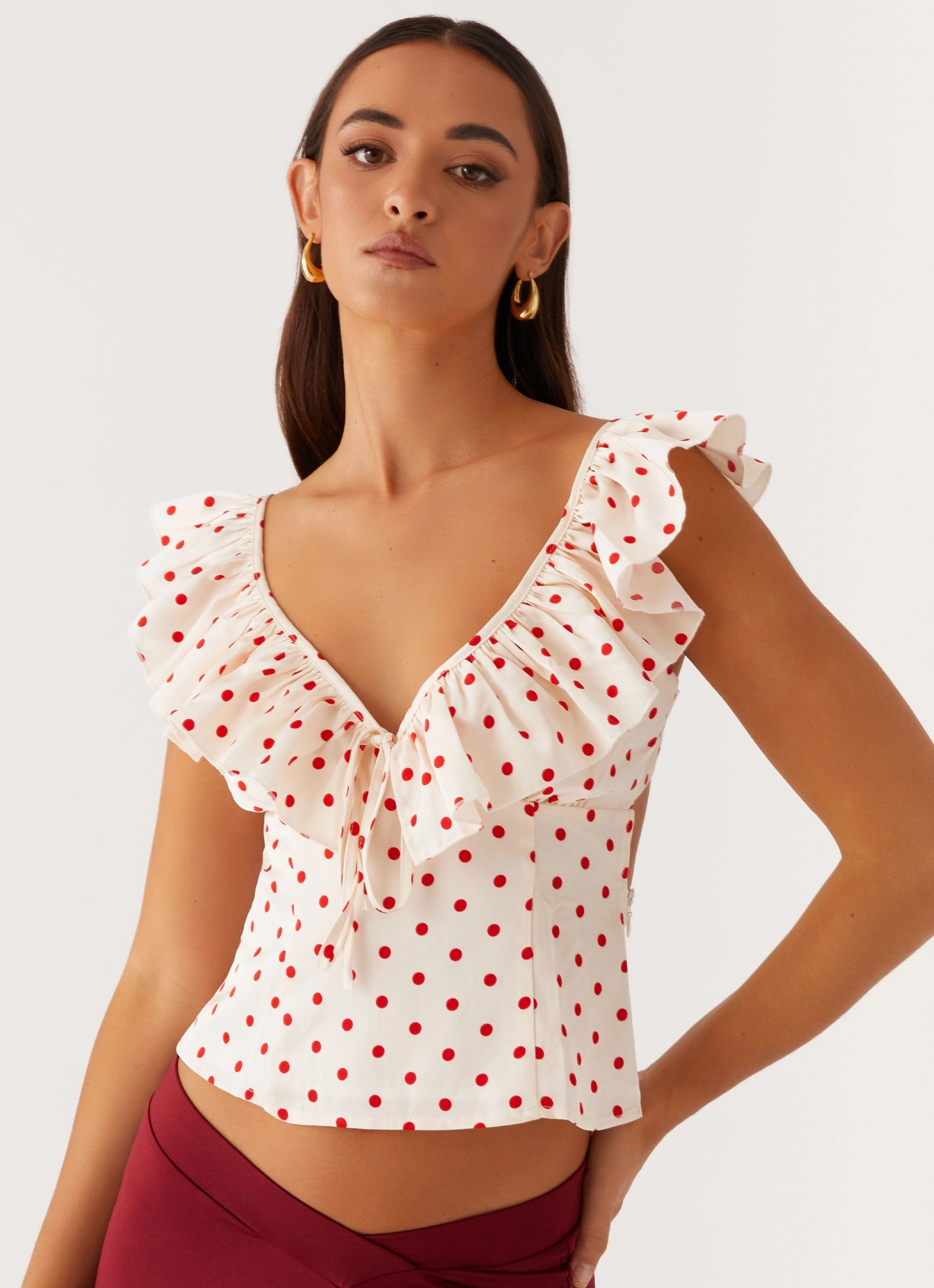 Regan Ruffle Top - Red Polka Dot Low Profile Zipper Closure Formal Blouse