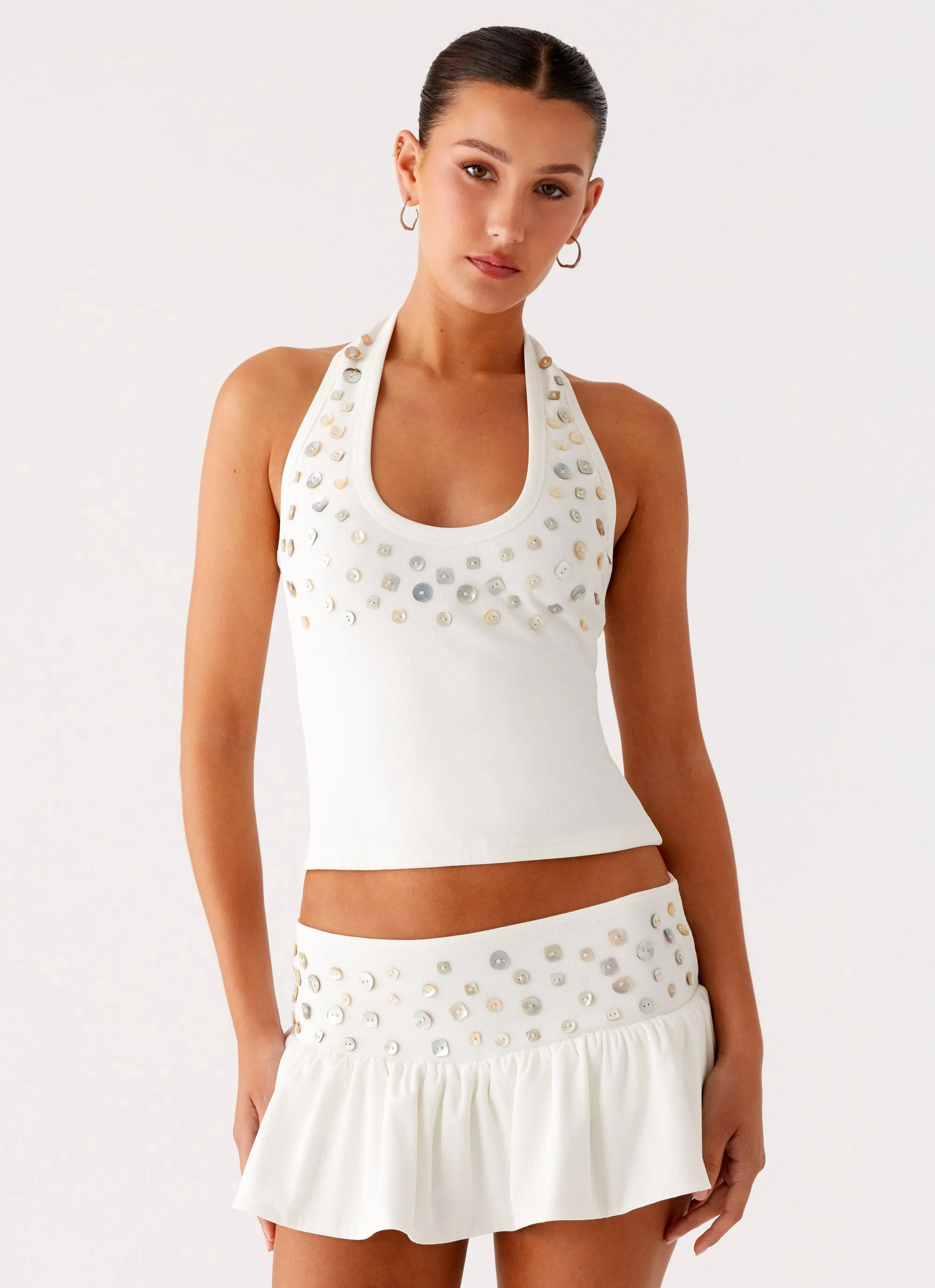 Vegas Nights Halter Neck Top - White Ribbed Hem Finish Fleece Pullover