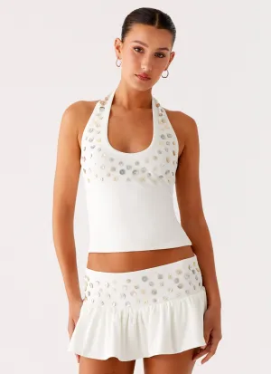 Vegas Nights Halter Neck Top - White Ribbed Hem Finish Fleece Pullover