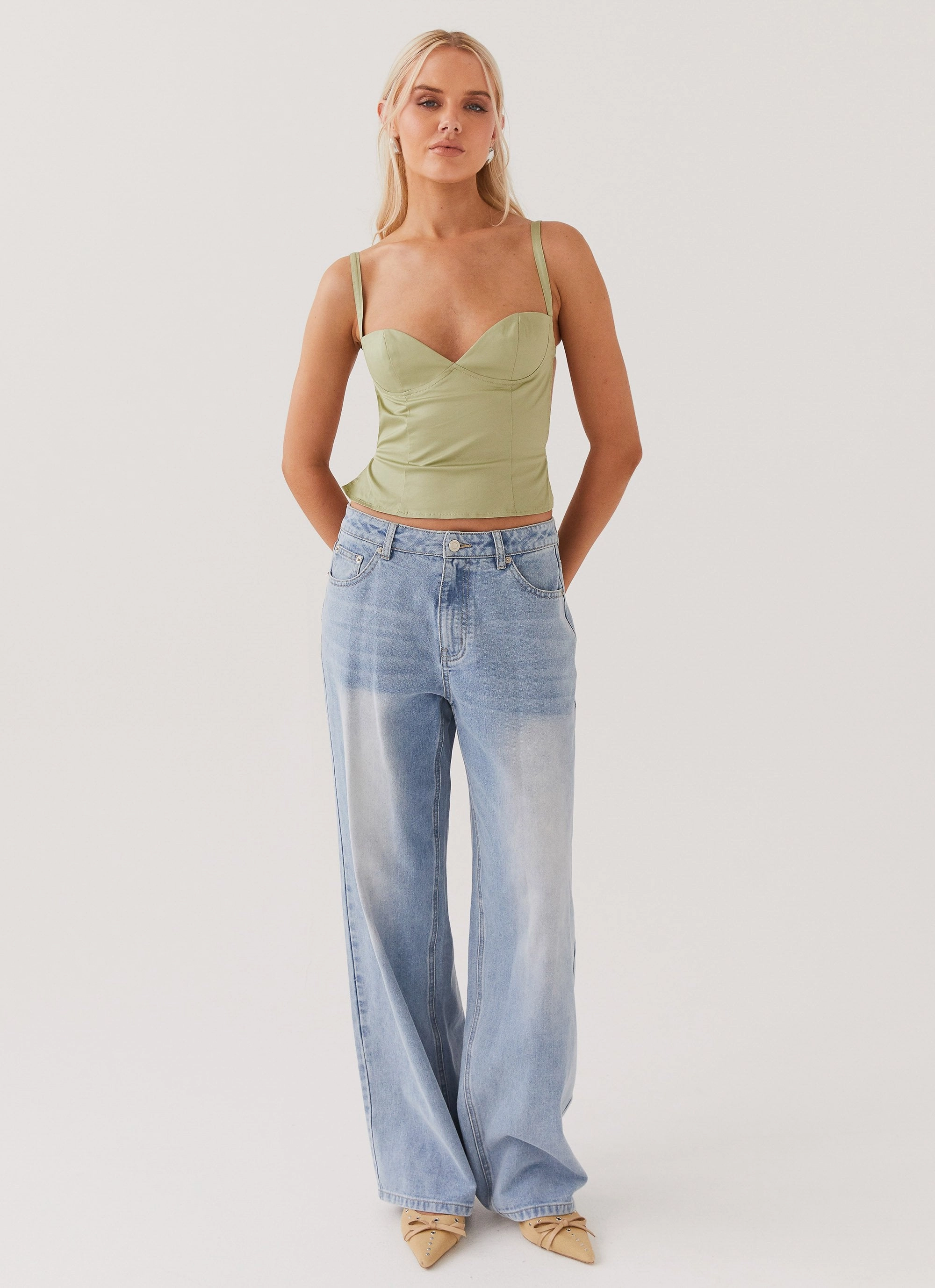 Naomi Backless Top - Sage Hidden Button Placket LightweightWeave