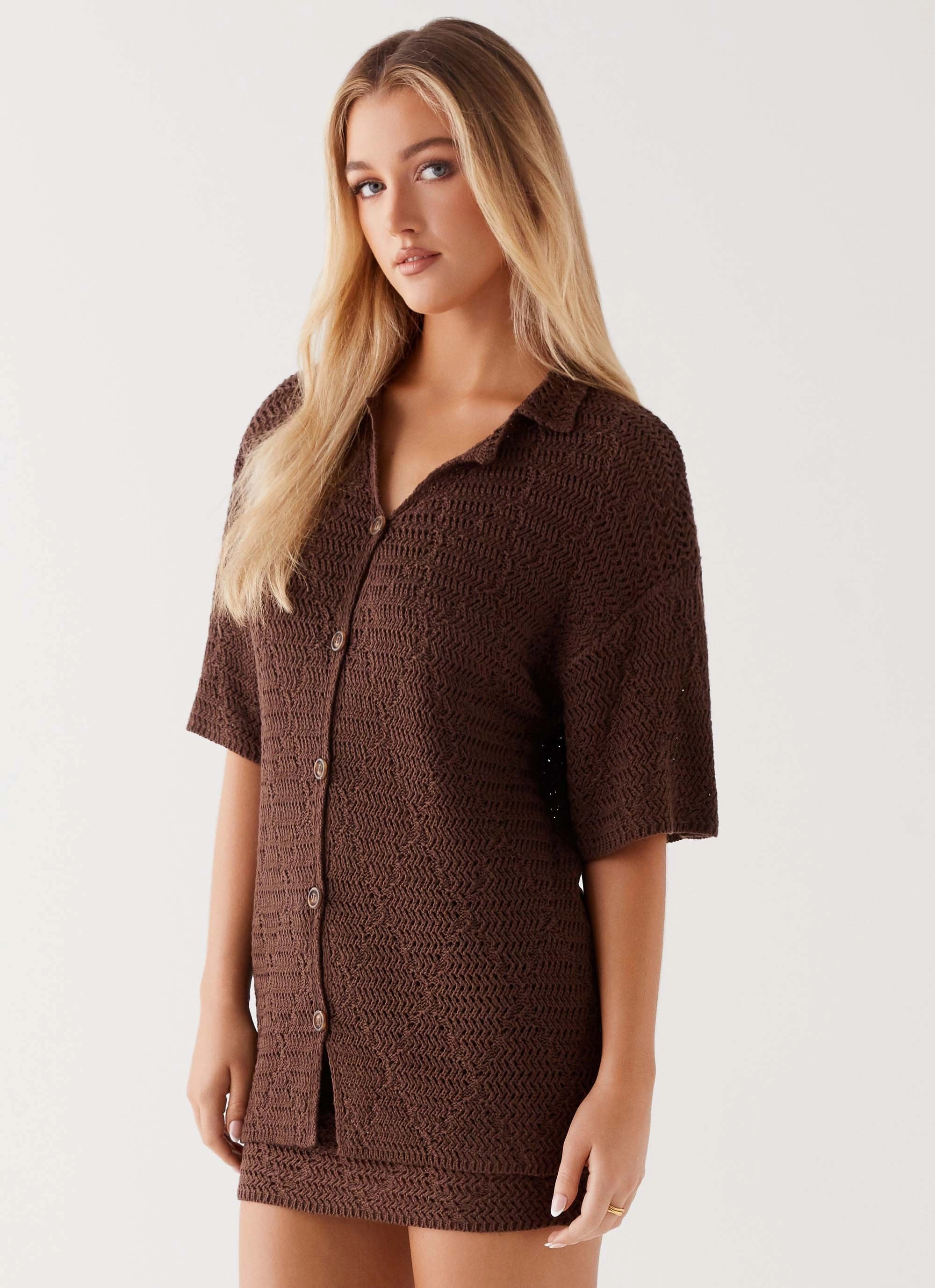 Layered Collar Design AntiPill Surface Nylah Oversized Crochet Shirt - Chocolate