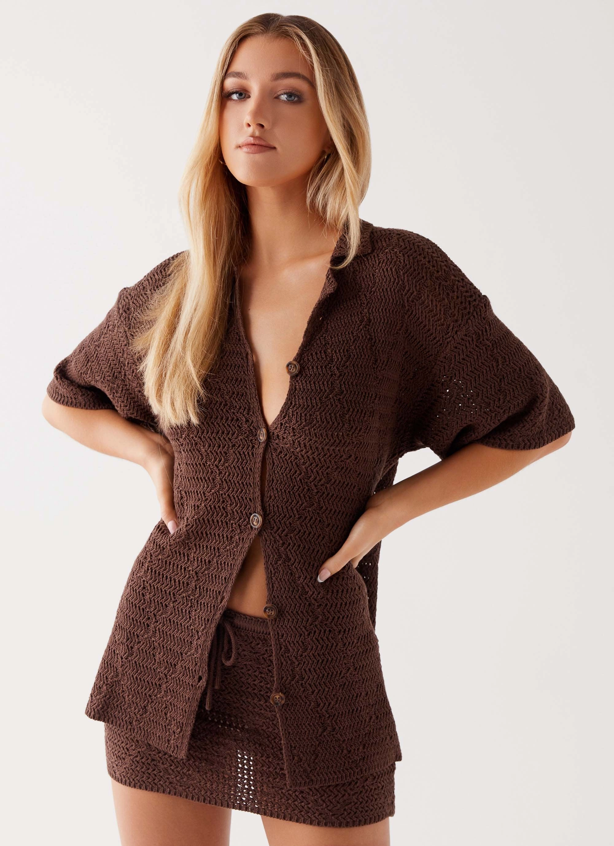 Nylah Oversized Crochet Shirt - Chocolate GarmentWashedFinish