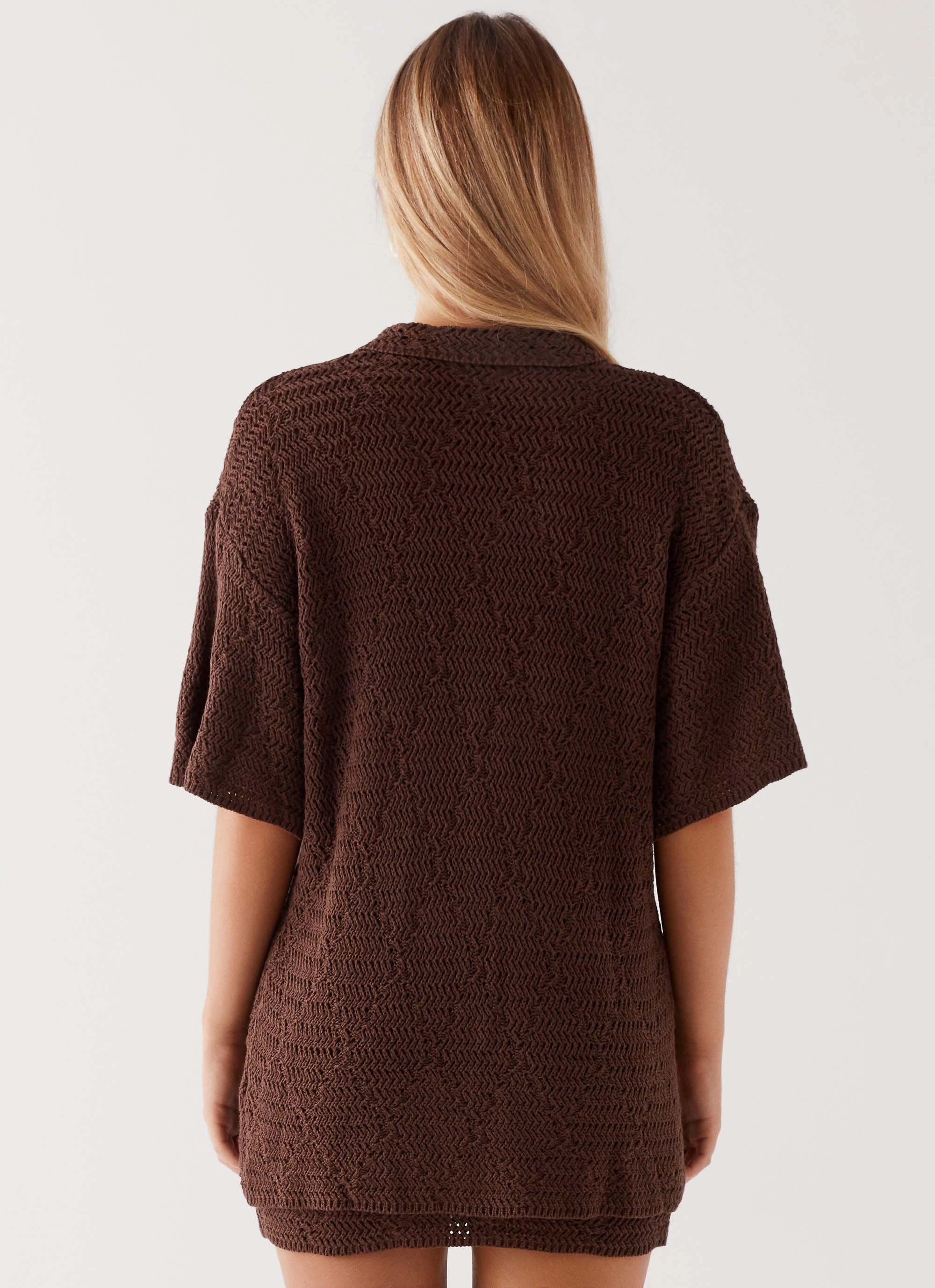 MoistureWicking Material TwoToneEffect Nylah Oversized Crochet Shirt - Chocolate