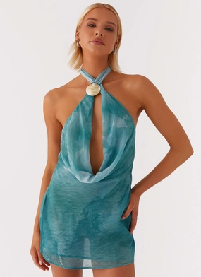 Trendy Appearance Oceans Away Deep Cowl Mini Dress - Green Tie Dye