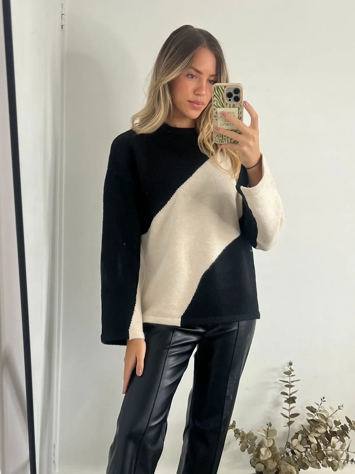 Casual Wear Odette Brushed Wool Colourblock Jumper in Stone & Black