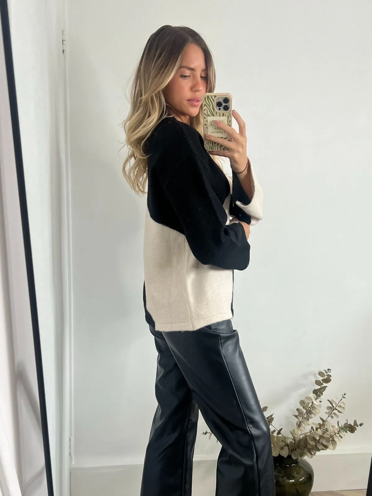 Odette Brushed Wool Colourblock Jumper in Stone & Black Light Drape Oversized Collar Style