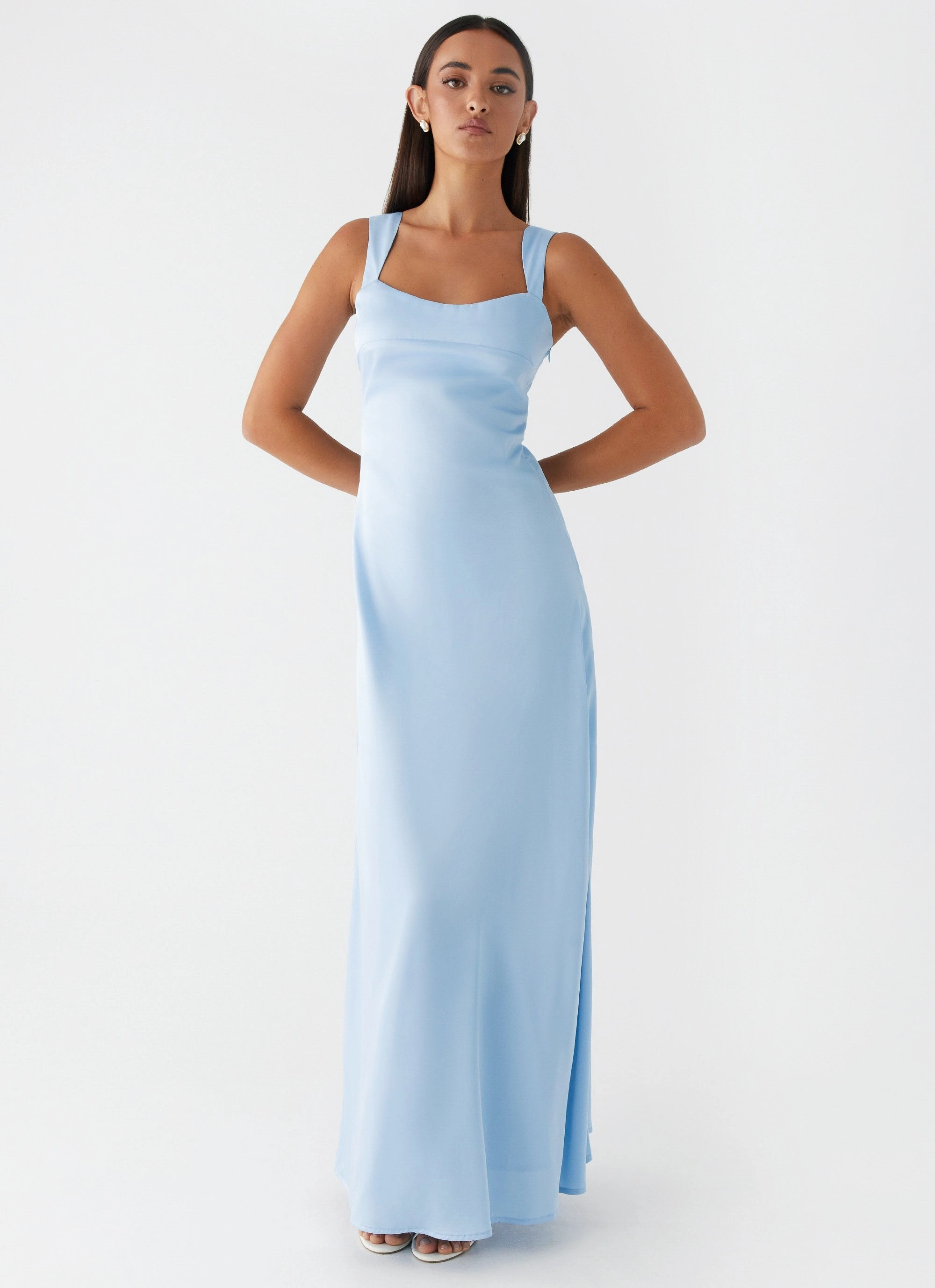 Odette Satin Maxi Dress - Blue Adjustable-Straps foldable