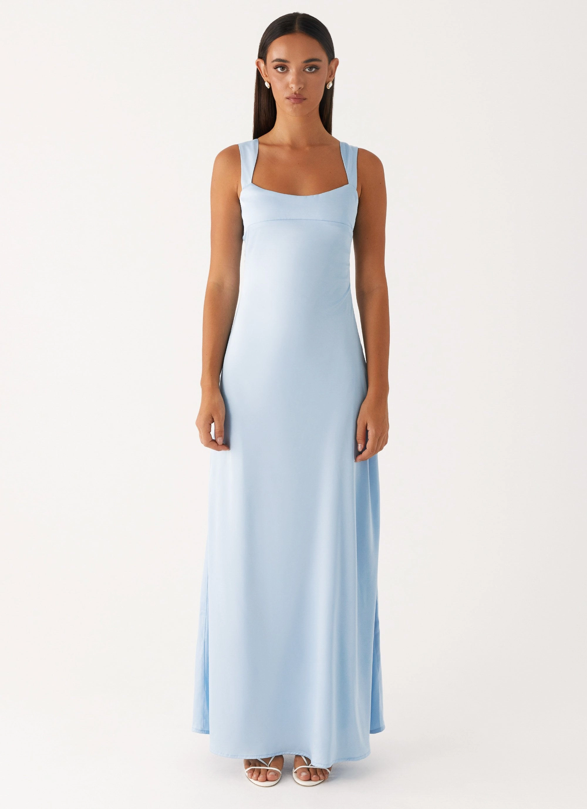 Odette Satin Maxi Dress - Blue Floral Pattern Textured Layers
