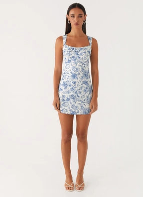 Evening Chic V-Neck Odette Satin Mini Dress - Blue Paisley
