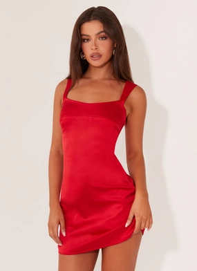 Odette Satin Mini Dress - Red Smocked-Detail