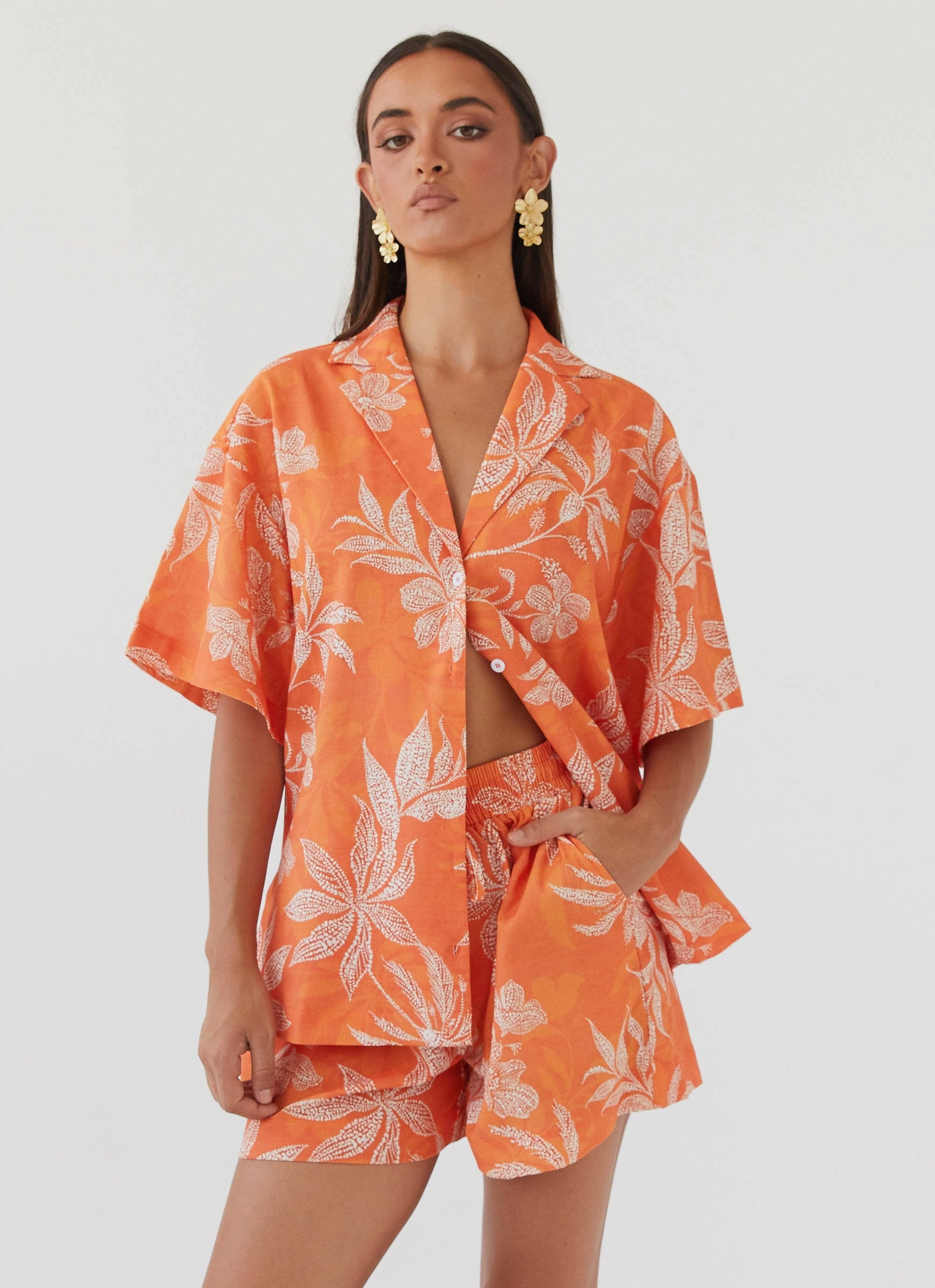 Strong Zip Hooded style Sweet Relief Oversized Linen Shirt - Tropic Sunset
